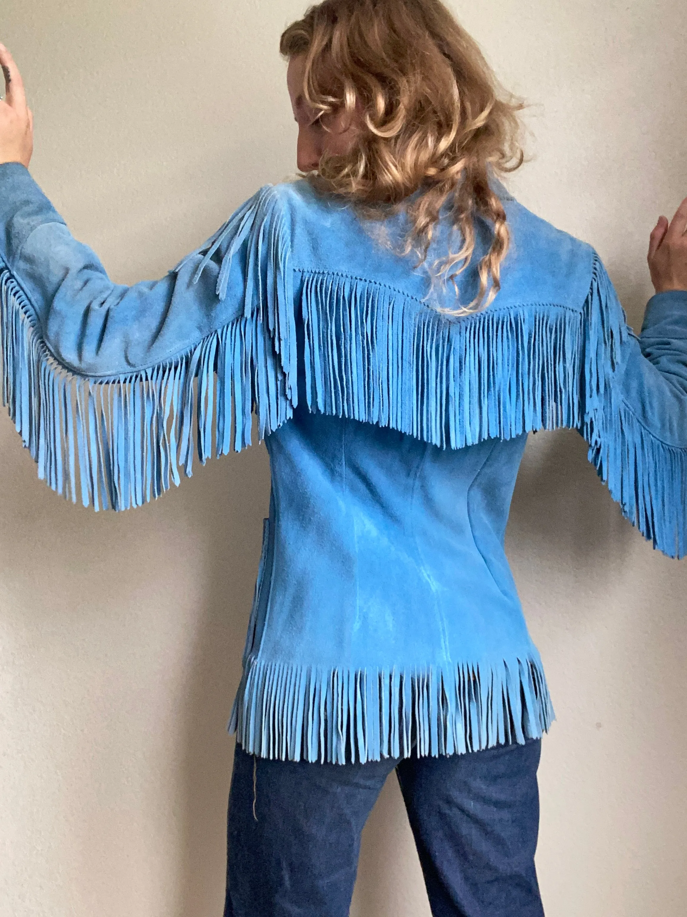 1960s K Bar Z by Pyramid Blue Suede Fringe Jacket