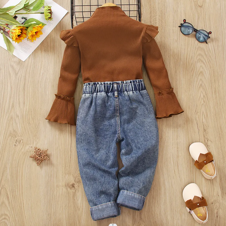 2pcs Toddler Girl Sweet Denim Jeans and Turtleneck Ruffled Bell sleeves Tee set