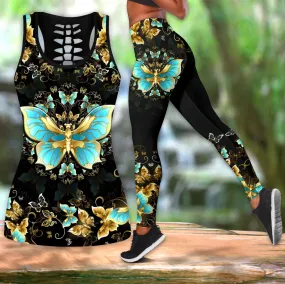 3D All Over Print Butterfly Mandala Gold Combo Legging Hollow Tanktop, Butterfly Hollow Tank Set For Her