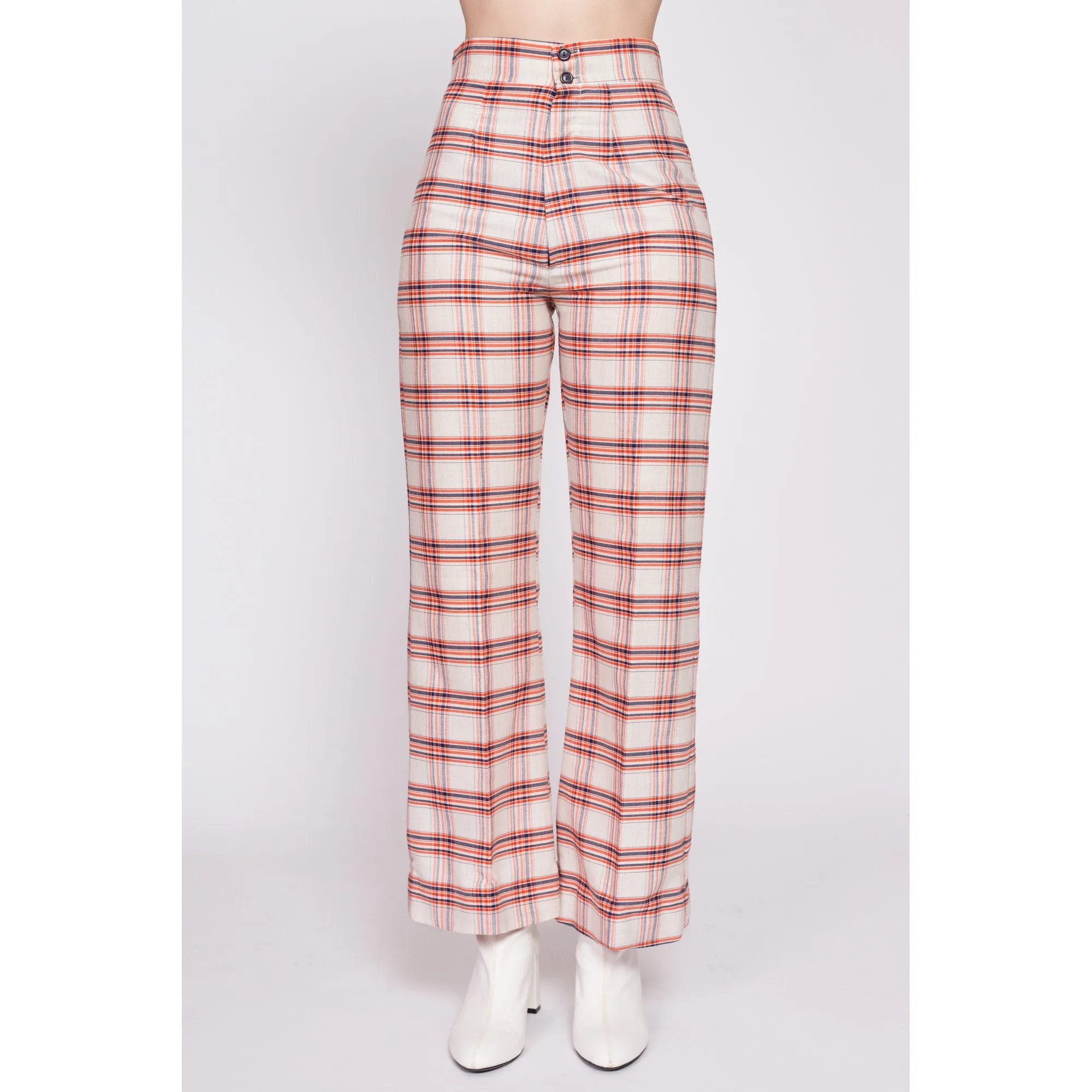 70s Orange & White Plaid High Waisted Pants - Small, 26.5"