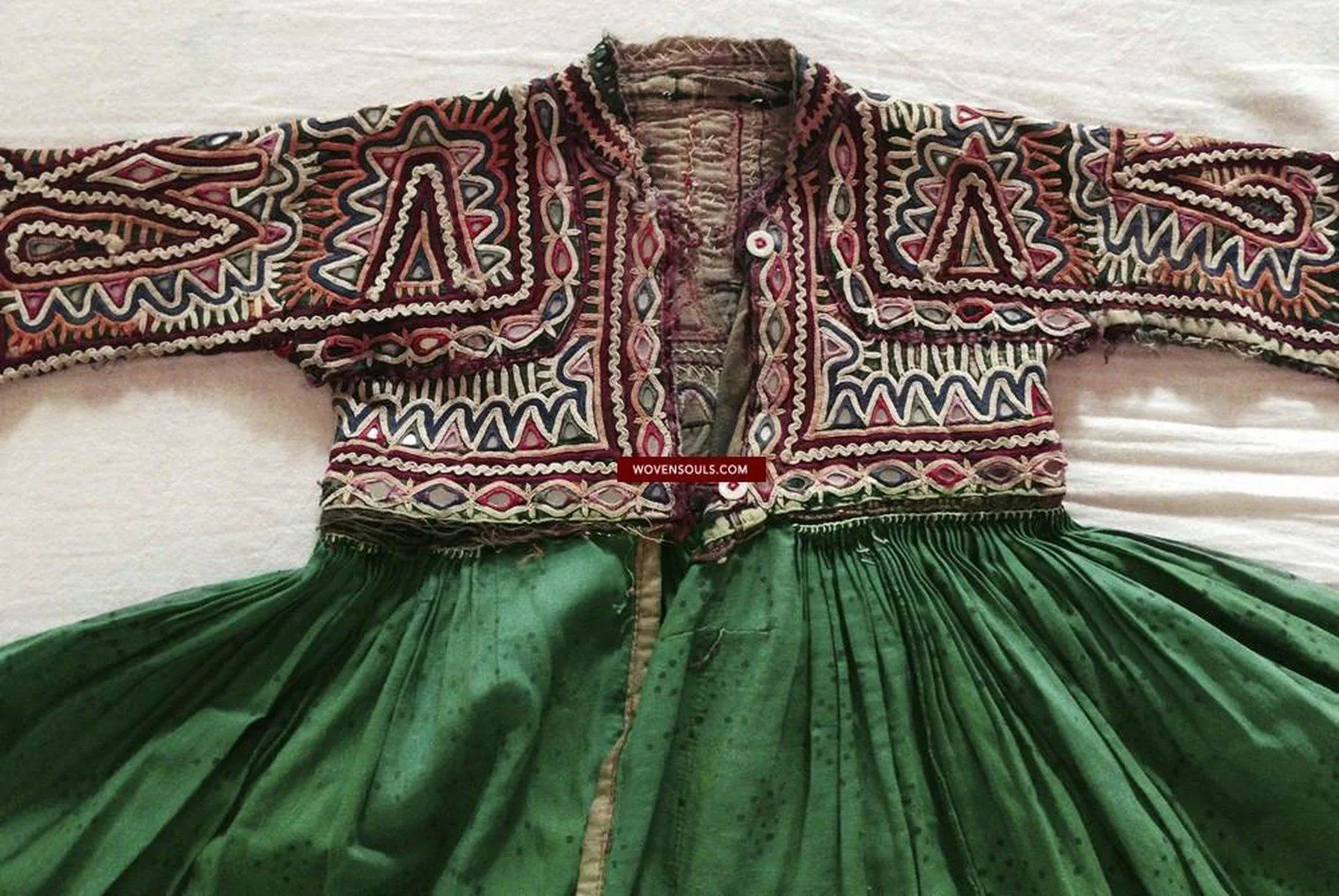 764 SOLD Vintage Child-Groom's Green Embroidered Kediyu Garment - Rabari Tribe