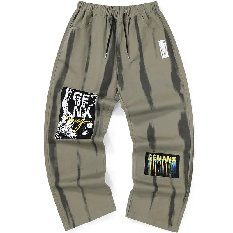 Army Green Graffiti Print Patchwork Loose Casual Pants