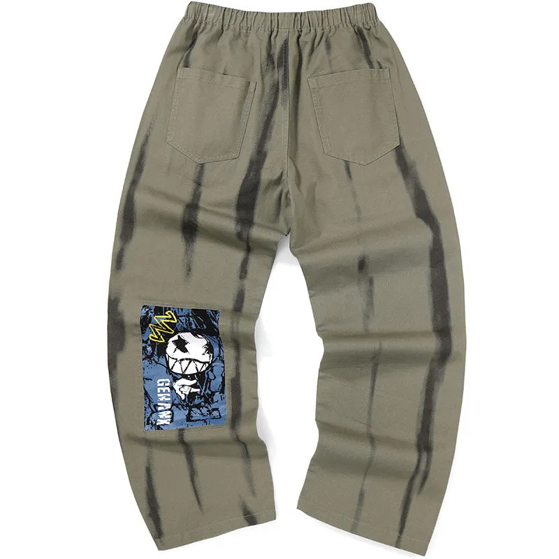 Army Green Graffiti Print Patchwork Loose Casual Pants