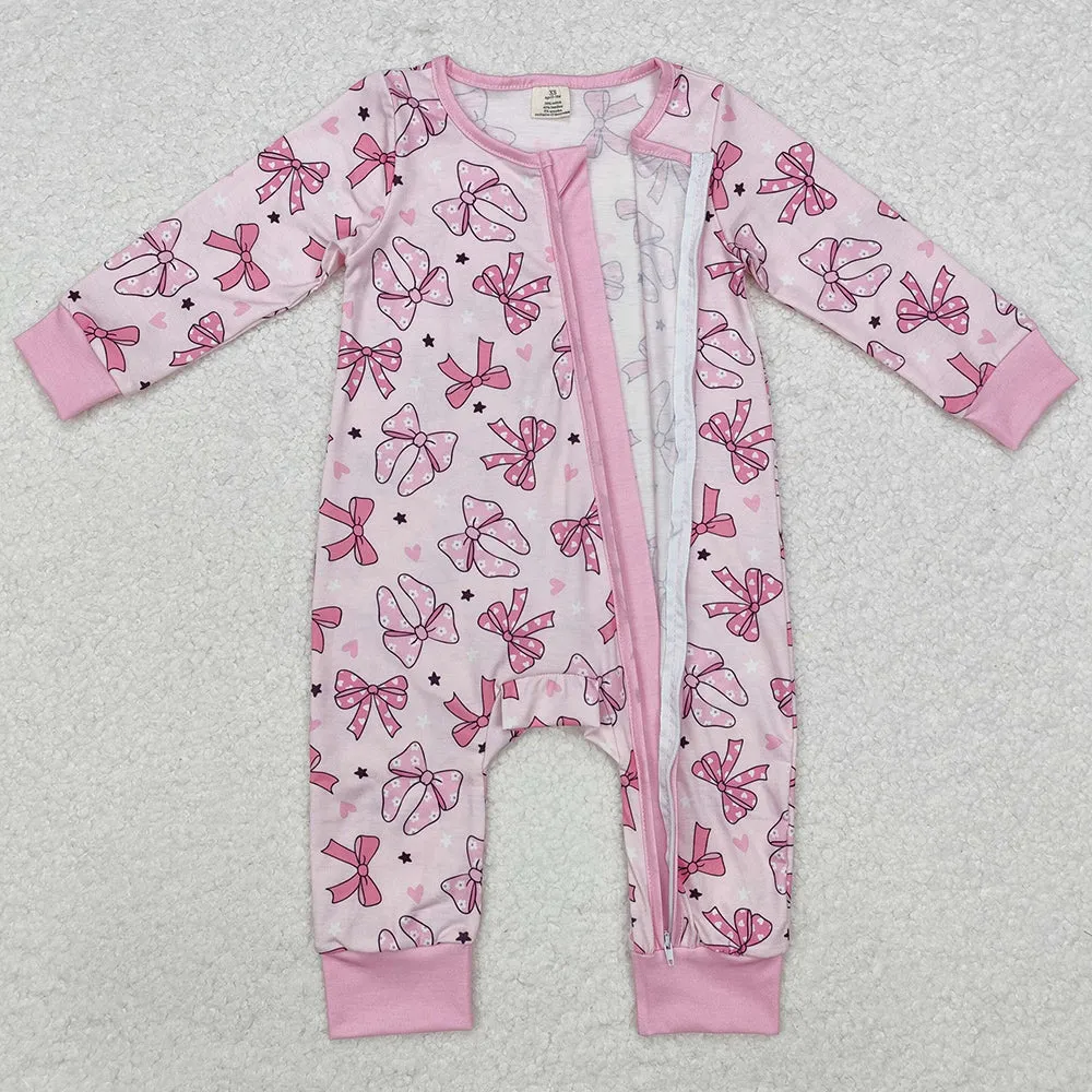 Baby Infant Girls Rompers Pink Dots Bows Zip Rompers LR1608