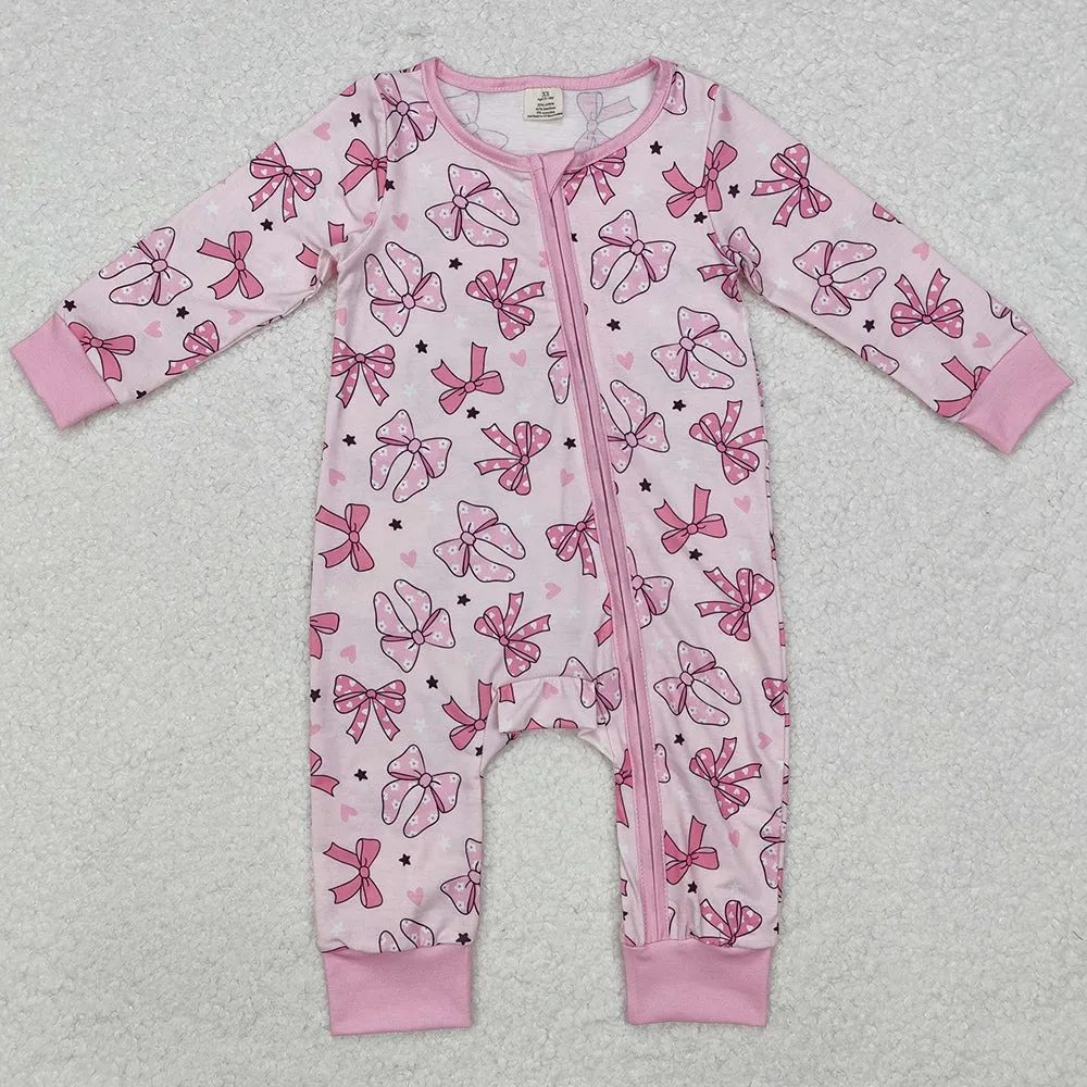 Baby Infant Girls Rompers Pink Dots Bows Zip Rompers LR1608