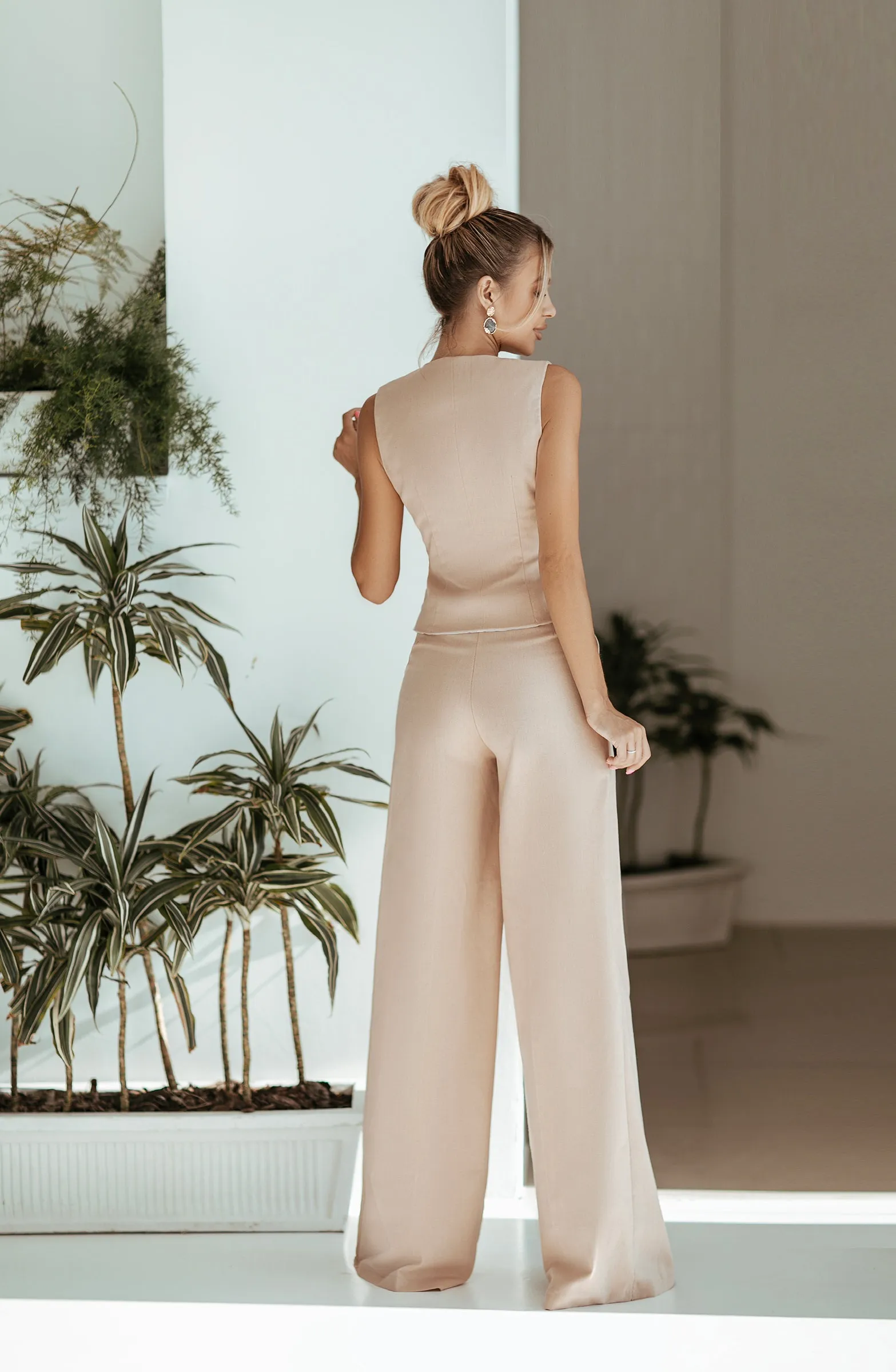 Beige Formal Vest  & High Waist Pants