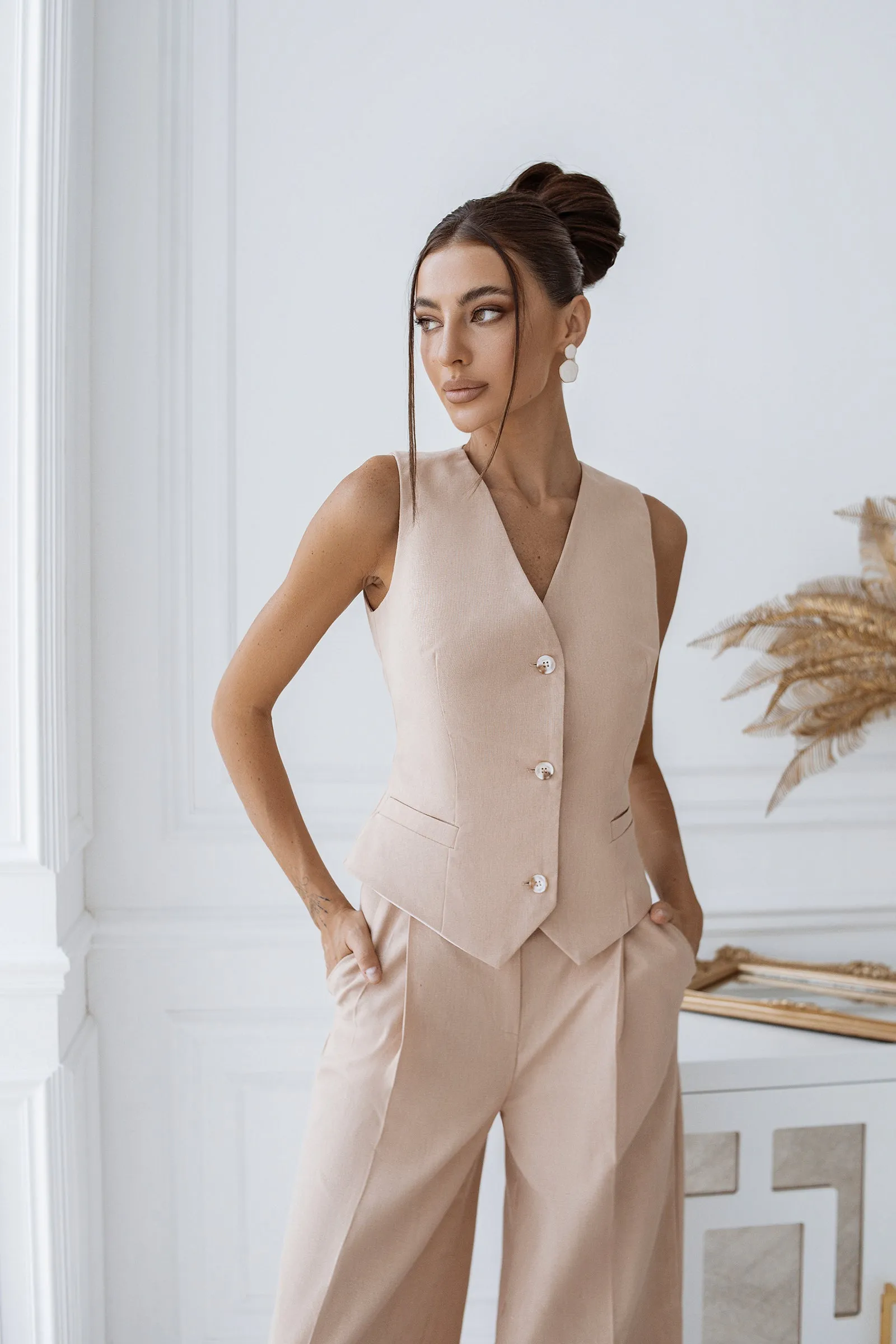 Beige Formal Vest  & High Waist Pants