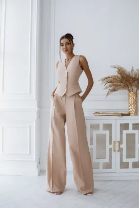 Beige Formal Vest  & High Waist Pants