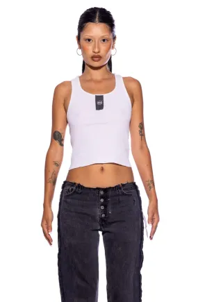 BLACK DENIM SCRAP TANK IN WHITE