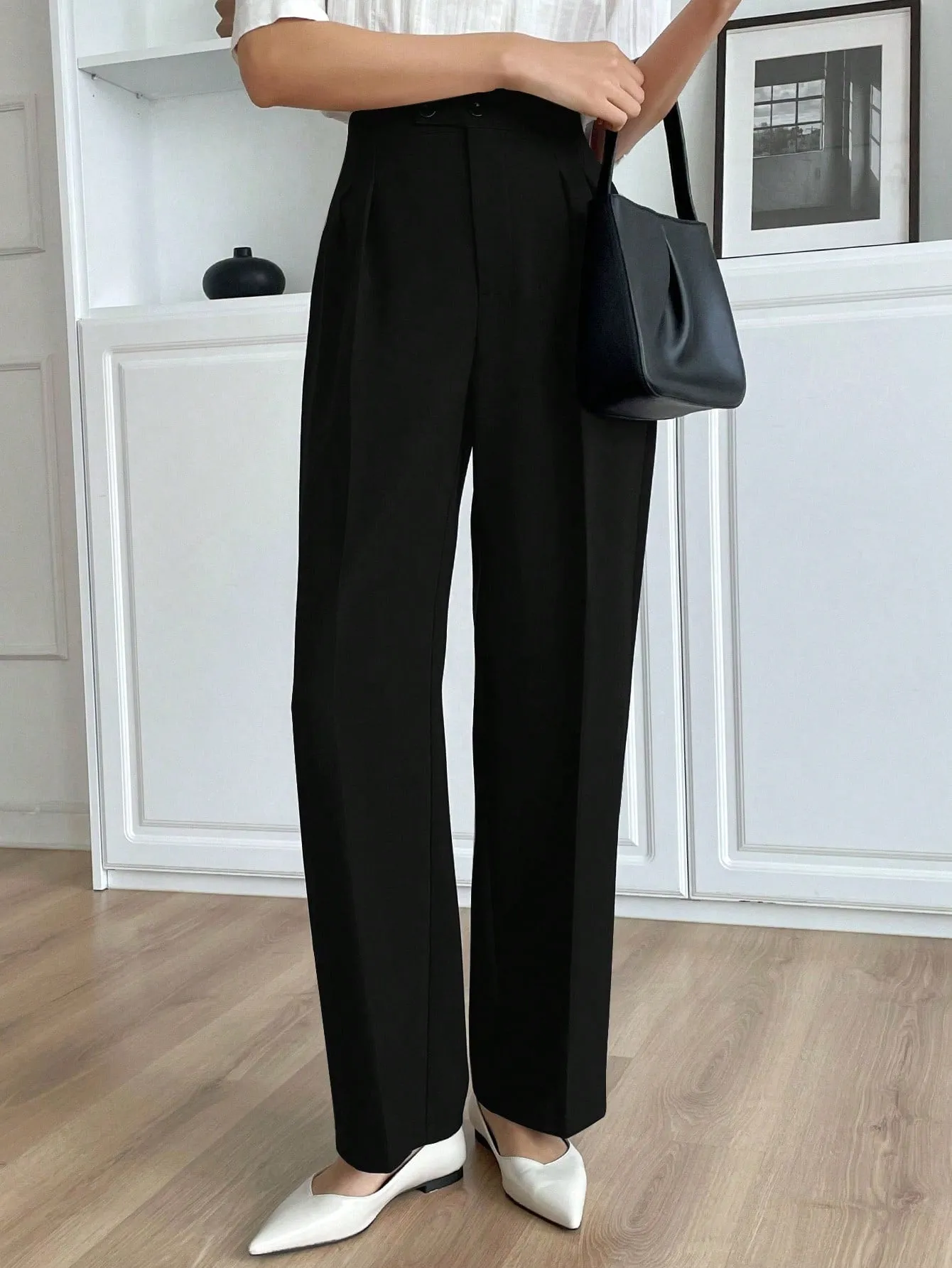 Black High Waist Plicated Detail Straight Leg Pants