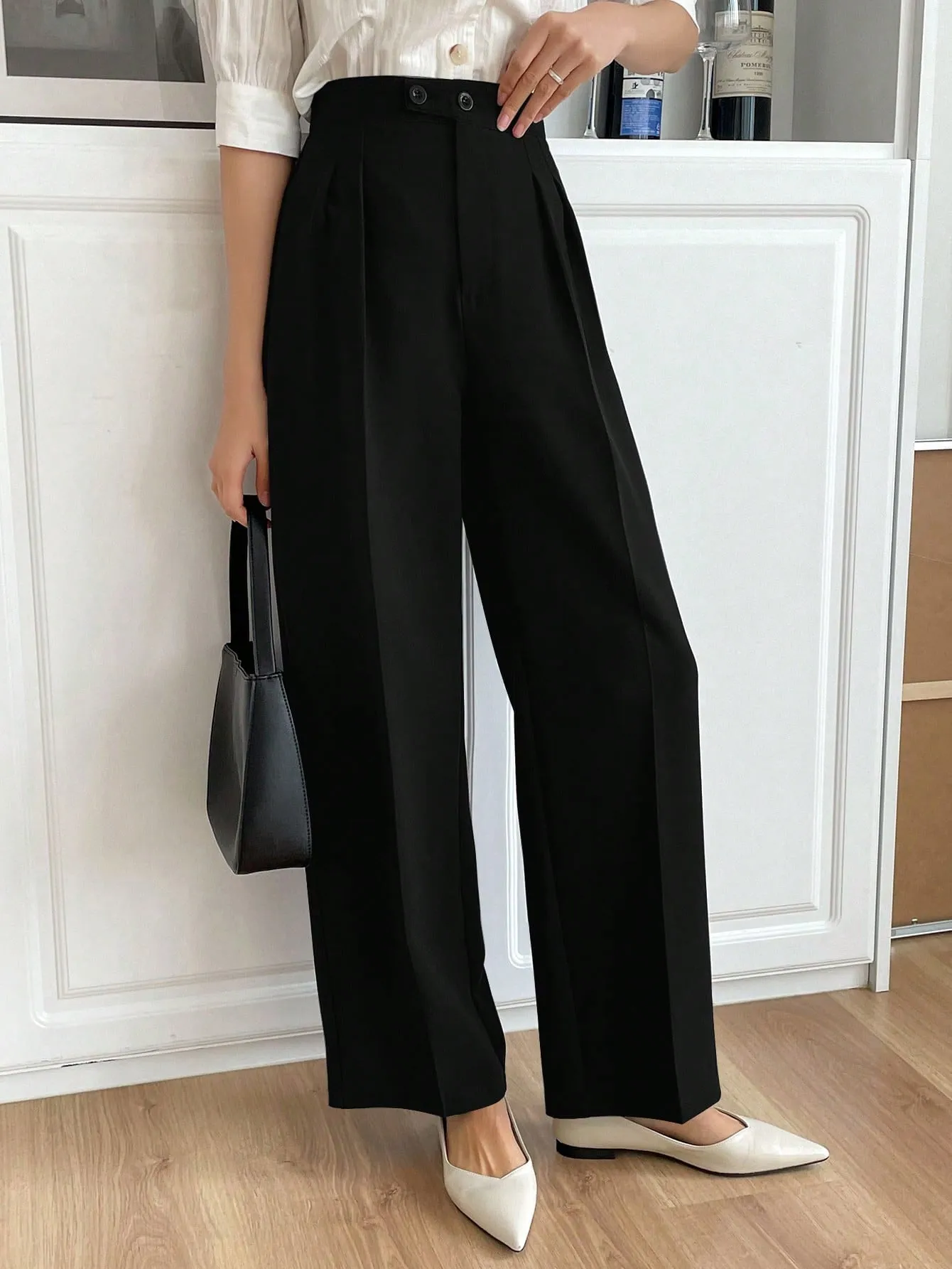 Black High Waist Plicated Detail Straight Leg Pants