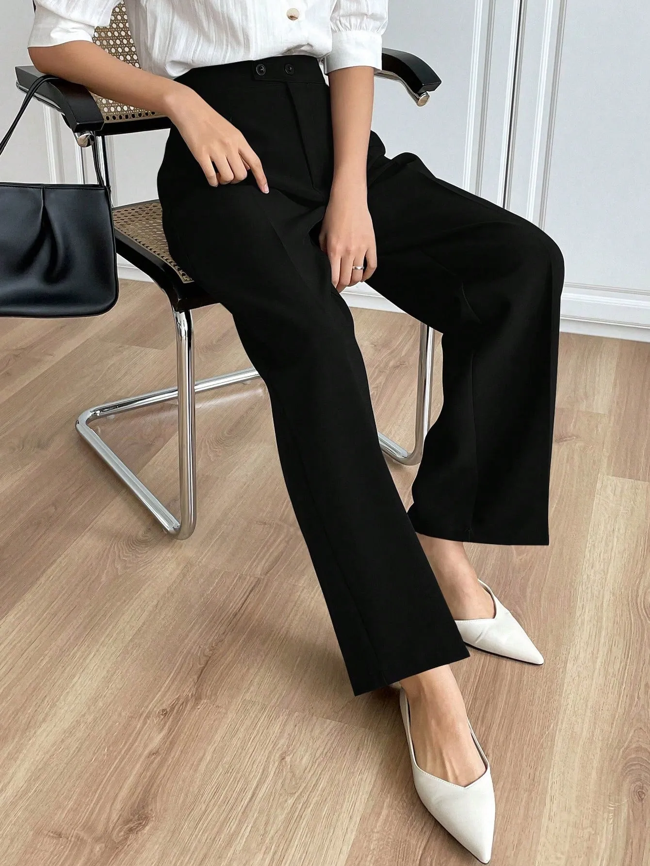 Black High Waist Plicated Detail Straight Leg Pants