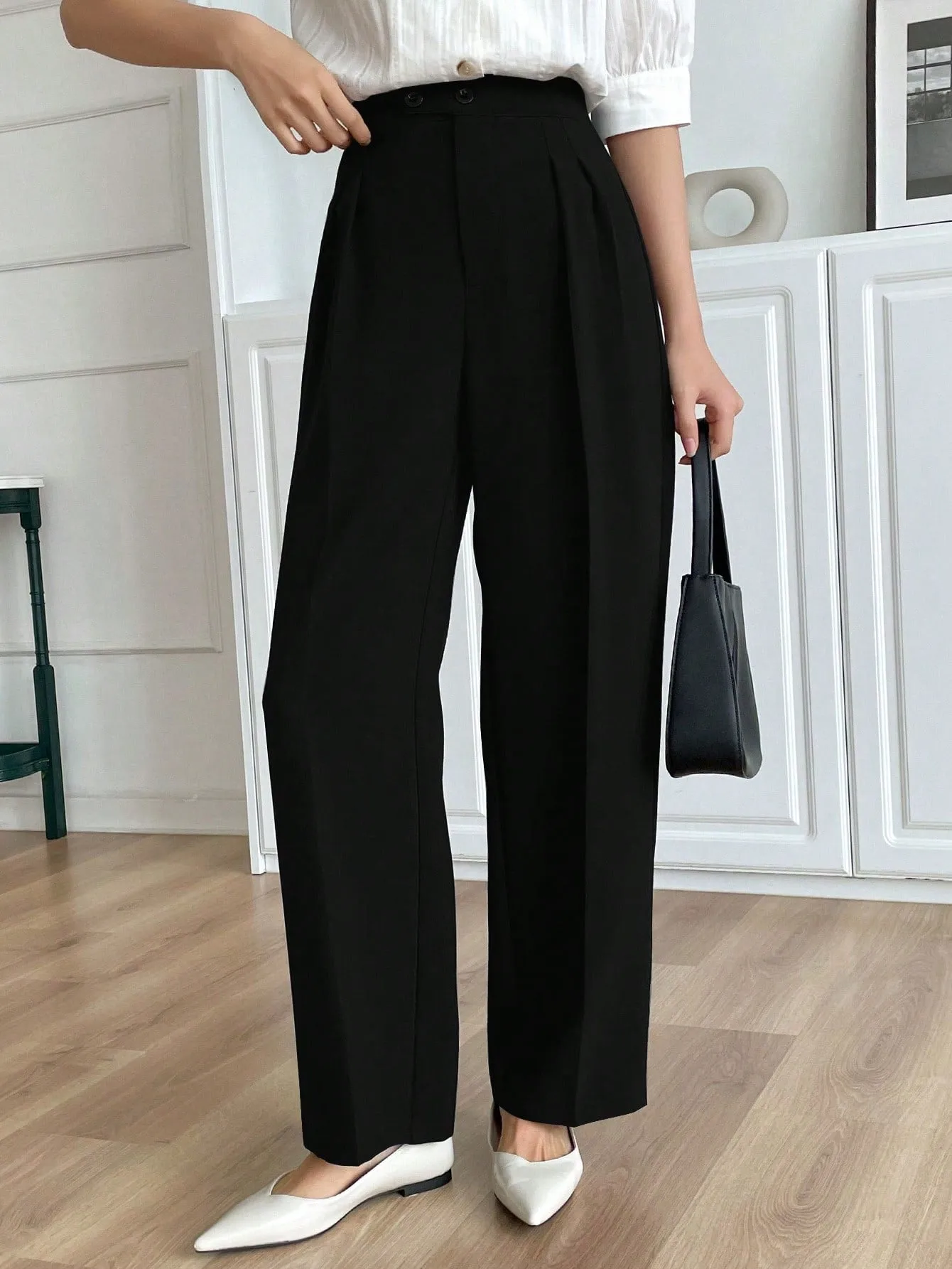 Black High Waist Plicated Detail Straight Leg Pants