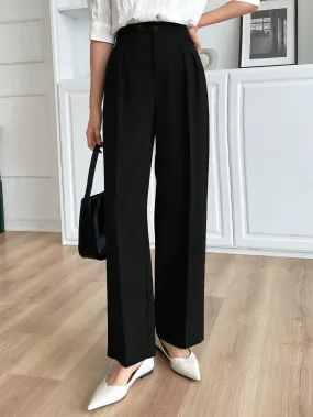 Black High Waist Plicated Detail Straight Leg Pants