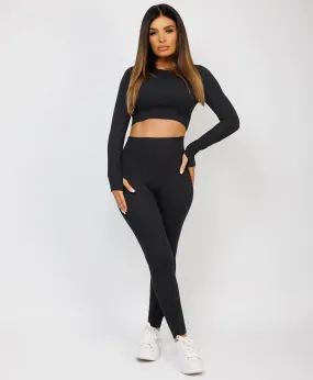 Black Strechy Ribbed Cropped High Waist Tracksuit Set