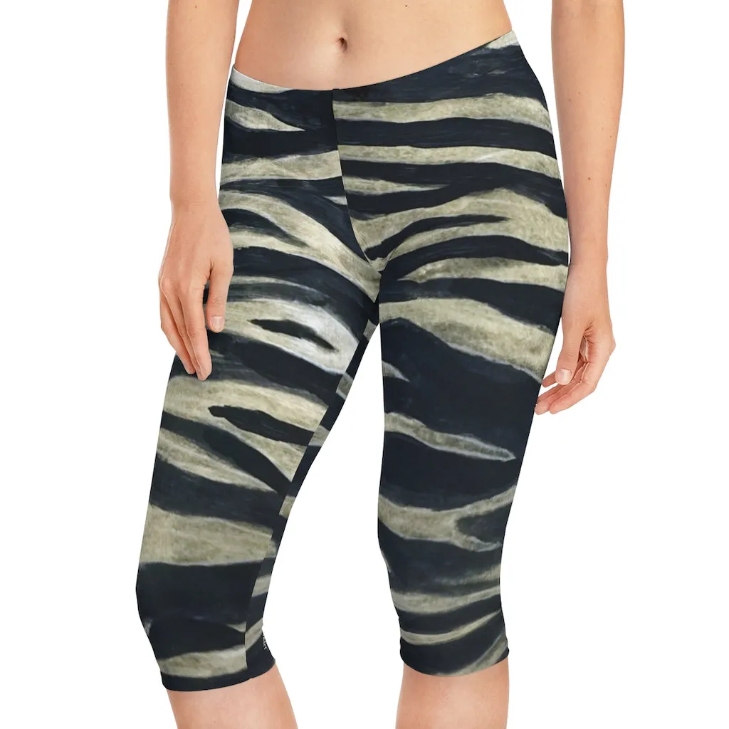 Black Tiger Women's Capri Leggings, Knee-Length Polyester Capris Tights-Made in USA (US Size: XS-2XL)