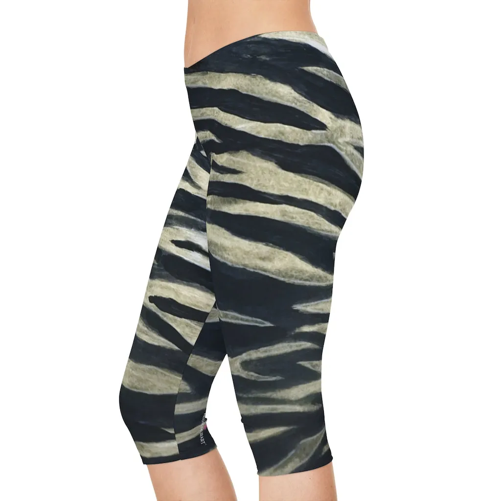 Black Tiger Women's Capri Leggings, Knee-Length Polyester Capris Tights-Made in USA (US Size: XS-2XL)