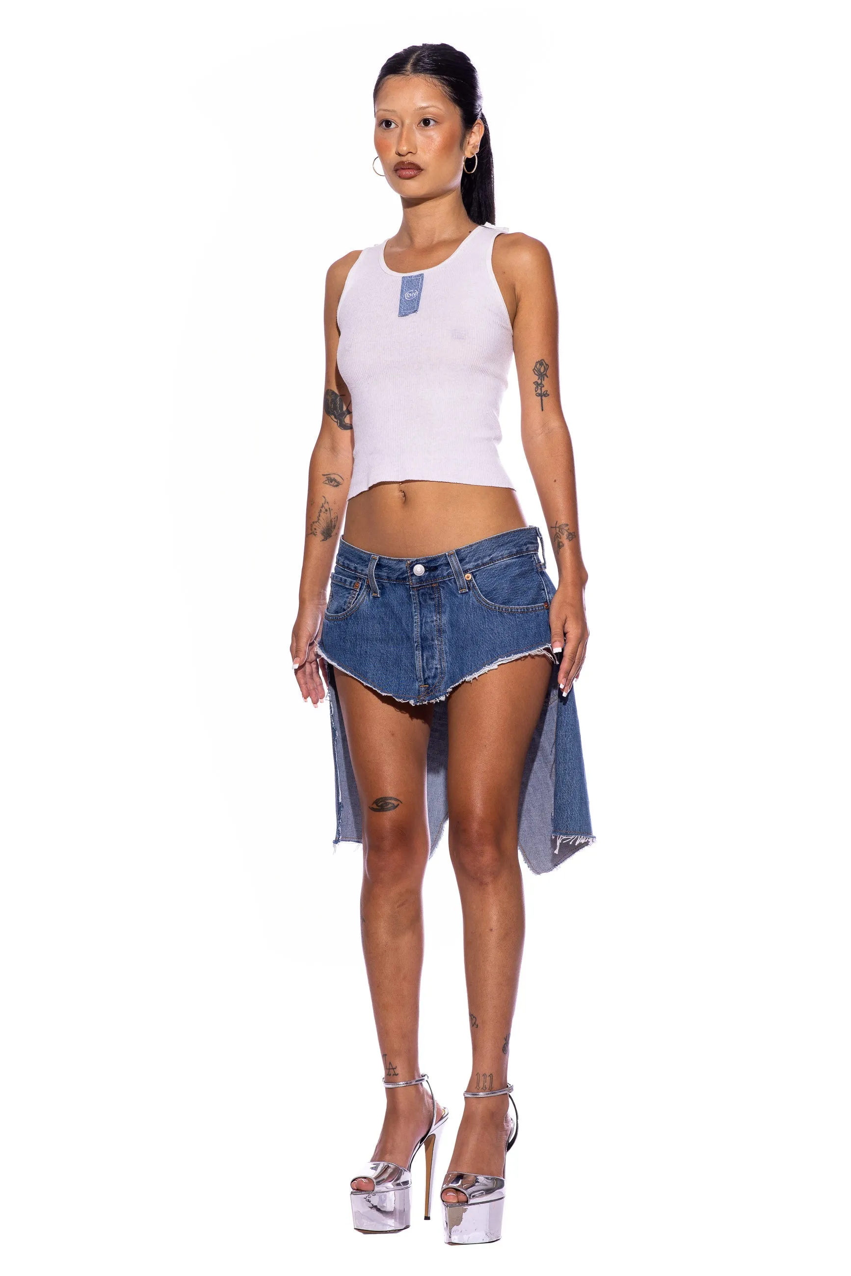 BLUE DENIM SCRAP TANK IN WHITE