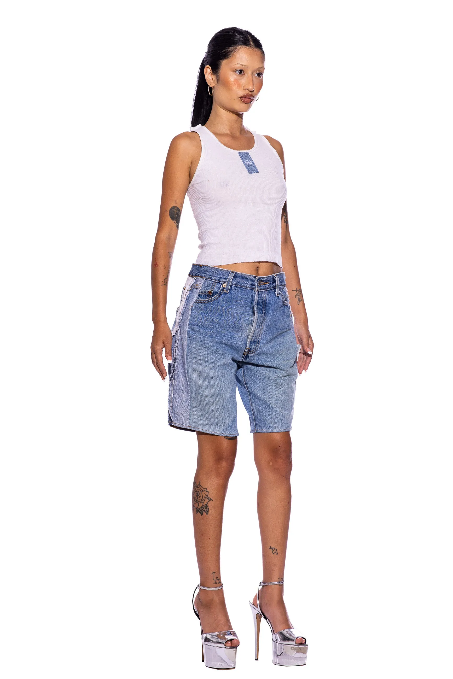 BLUE DENIM SCRAP TANK IN WHITE