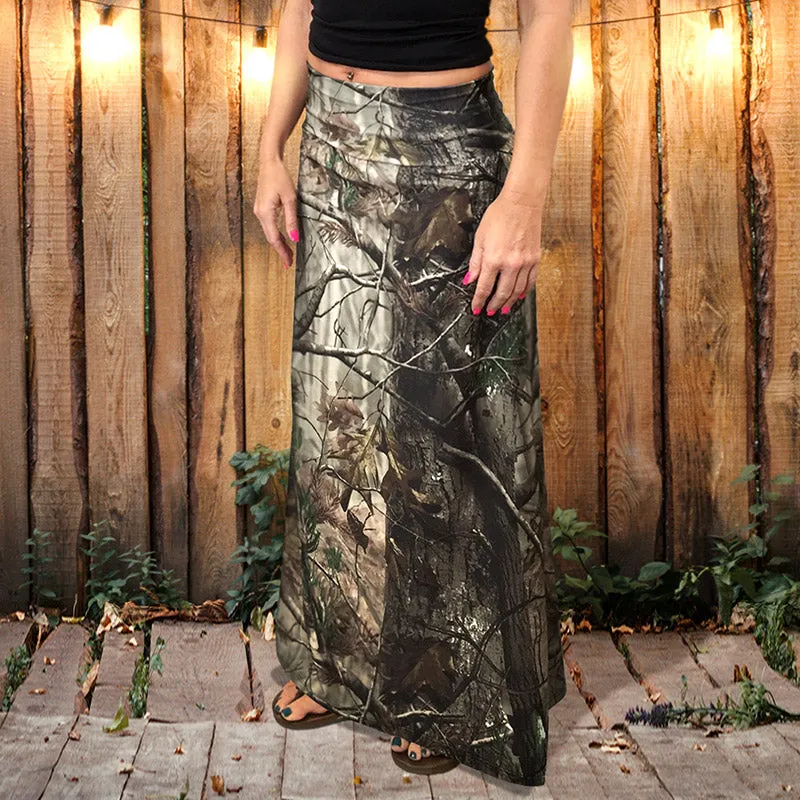 Camo Maxi Skirt with Solid Waistband