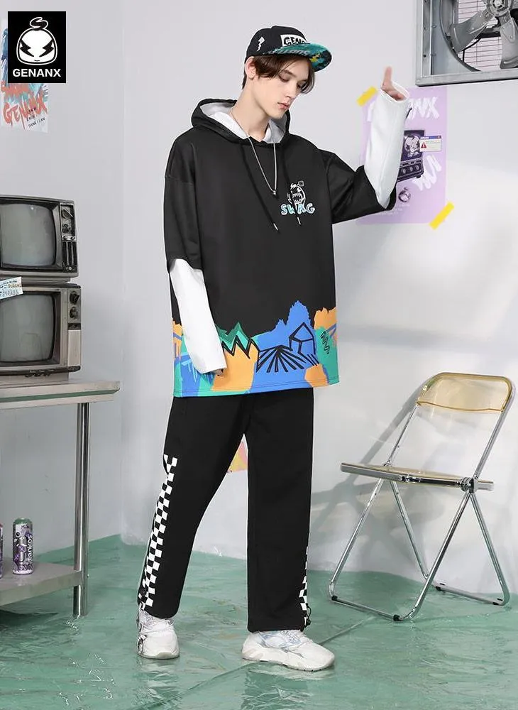 Checkerboard Print Elastic Waist Loose Jogger Sporty Pants