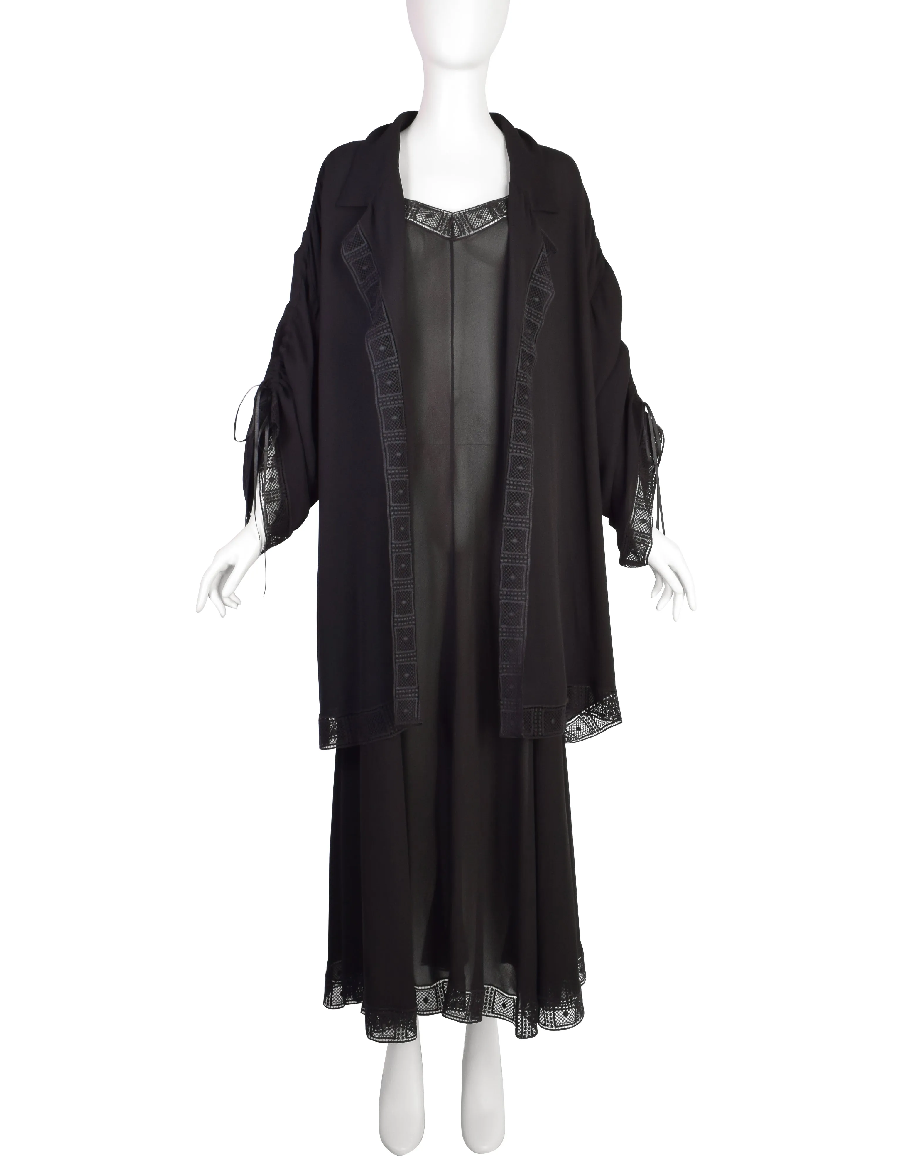 Chloe Vintage SS 1993 by Karl Lagerfeld Black Sheer Lace Trim Dress and Duster Ensemble