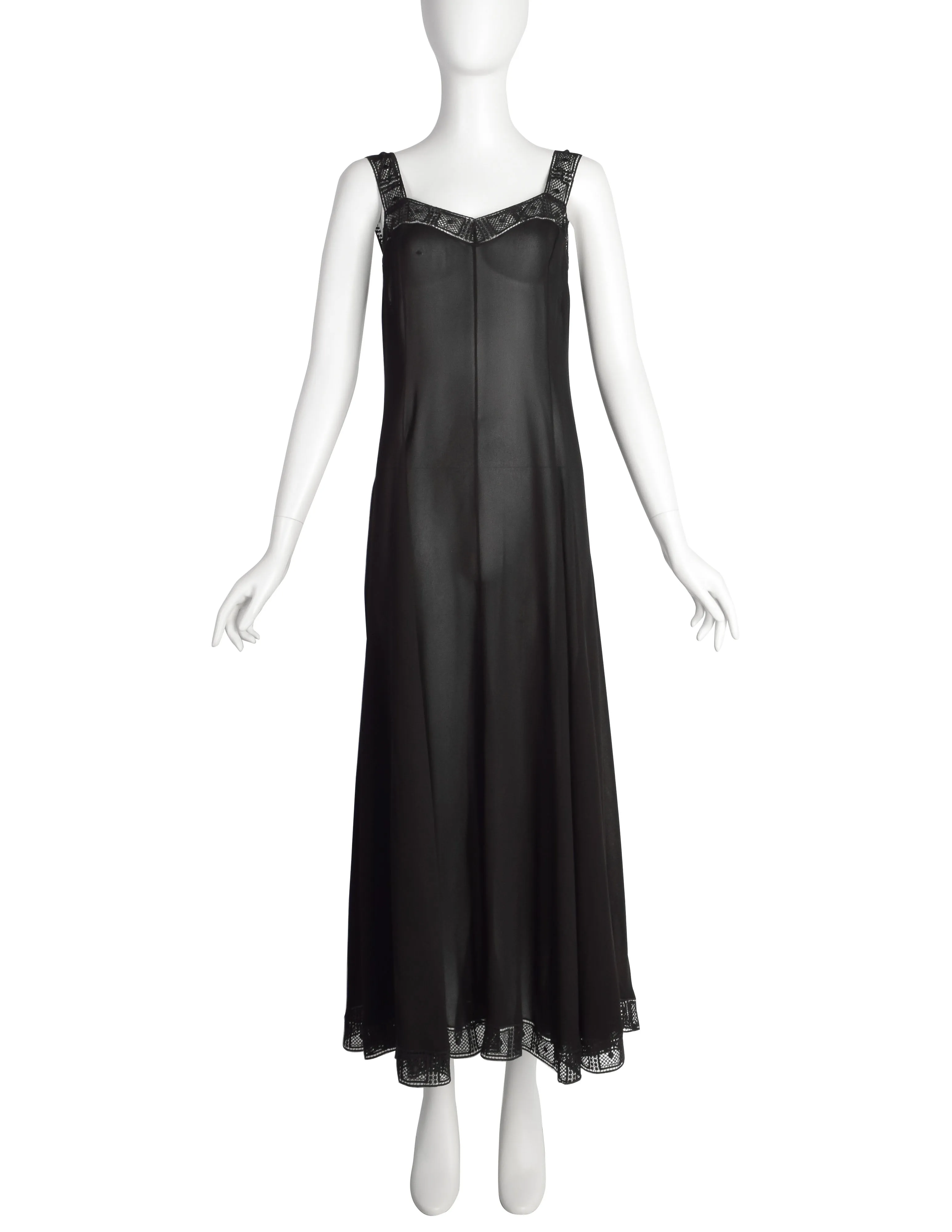 Chloe Vintage SS 1993 by Karl Lagerfeld Black Sheer Lace Trim Dress and Duster Ensemble