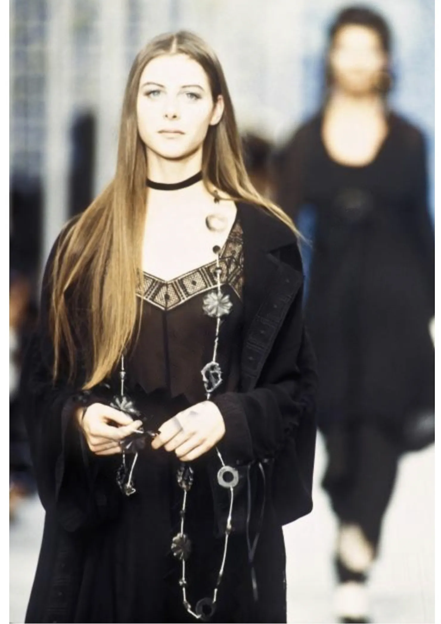 Chloe Vintage SS 1993 by Karl Lagerfeld Black Sheer Lace Trim Dress and Duster Ensemble