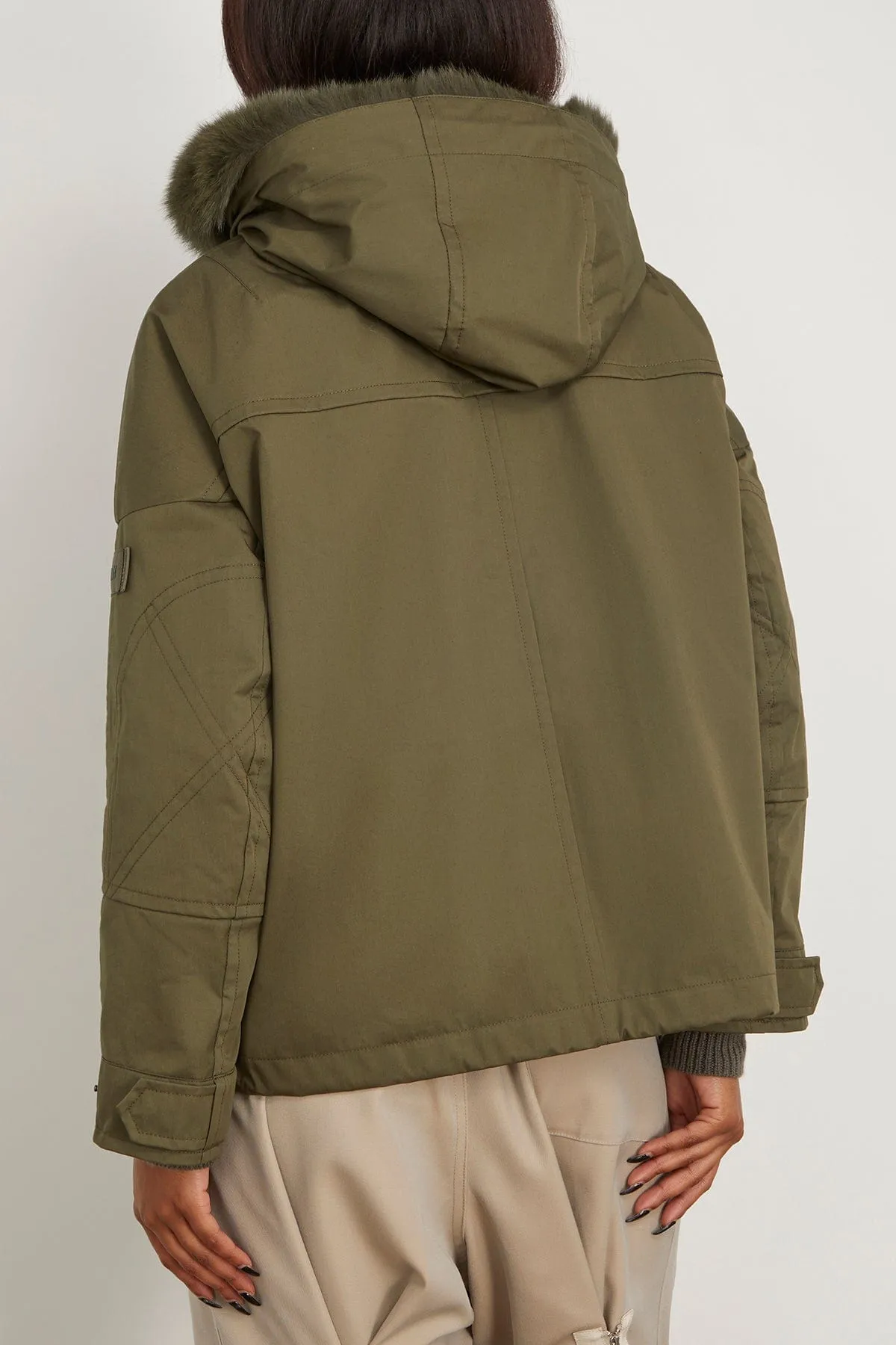 Cotton Parka Coat with Rabbit/Fox Trim in Hunter Green