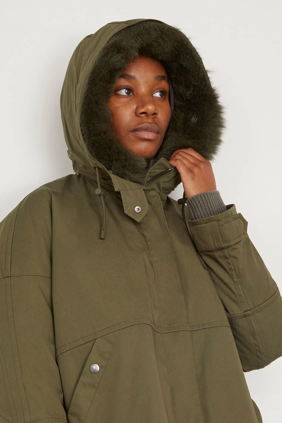 Cotton Parka Coat with Rabbit/Fox Trim in Hunter Green