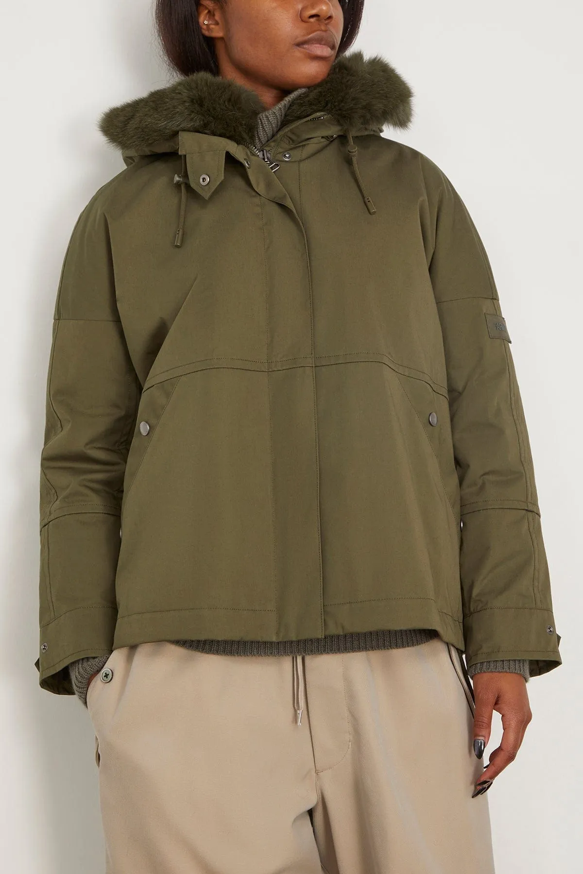 Cotton Parka Coat with Rabbit/Fox Trim in Hunter Green