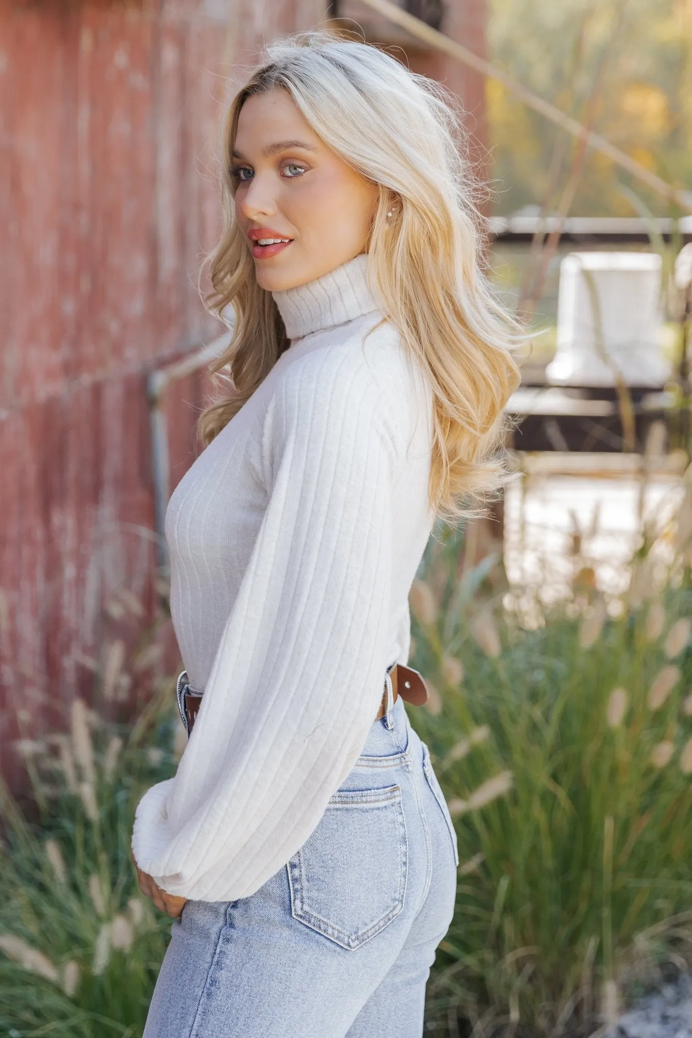 Cream Turtleneck Ribbed Bodysuit