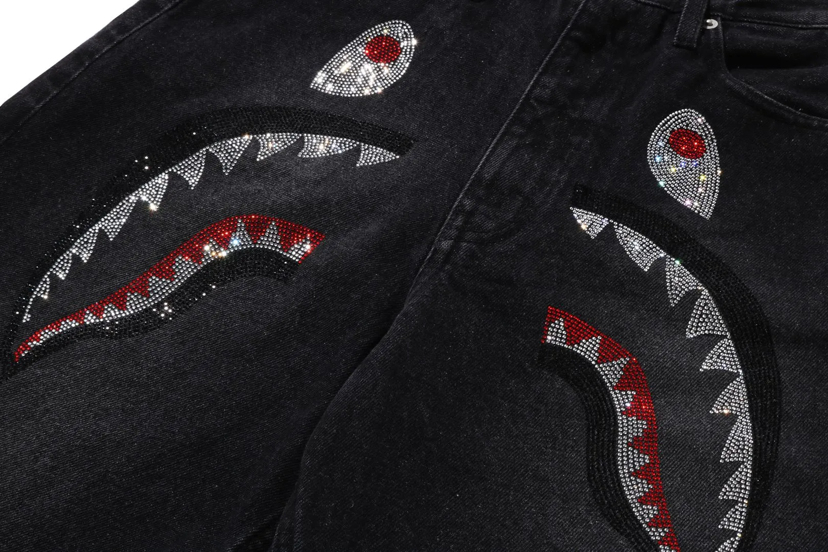 CRYSTAL STONE SHARK HIGH WAIST DENIM PANTS