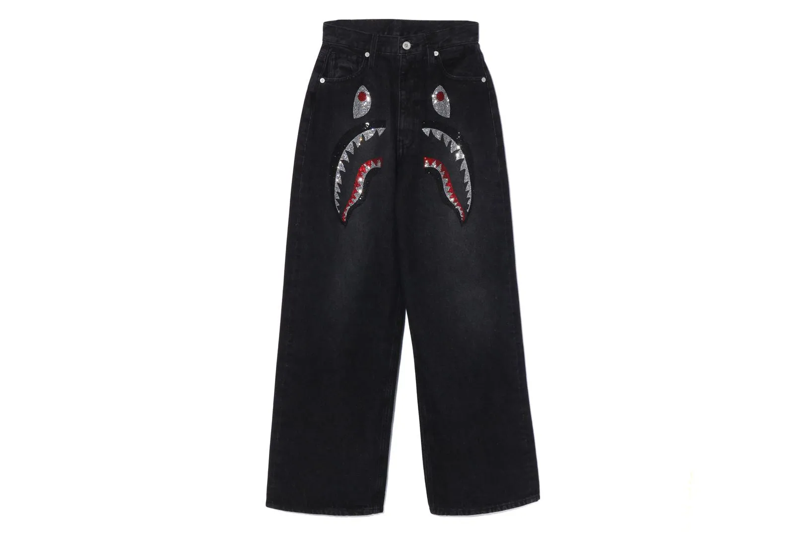 CRYSTAL STONE SHARK HIGH WAIST DENIM PANTS