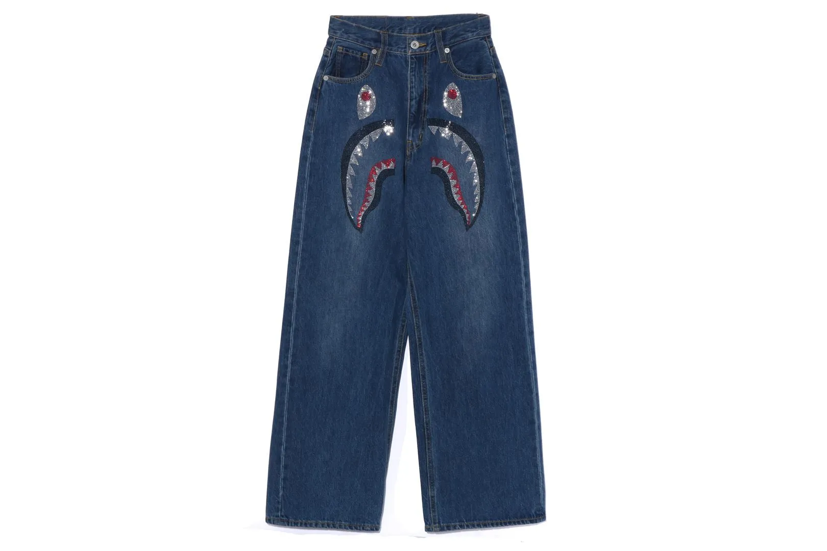 CRYSTAL STONE SHARK HIGH WAIST DENIM PANTS