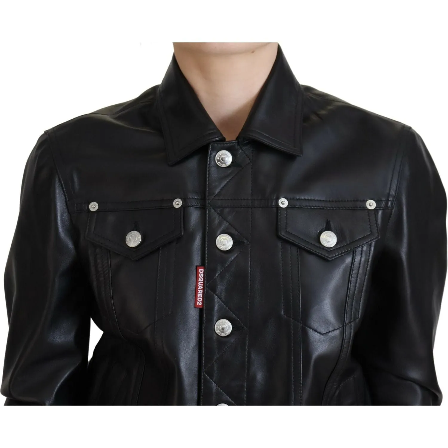 Dsquared² Black Leather Collared Long Sleeves Jacket