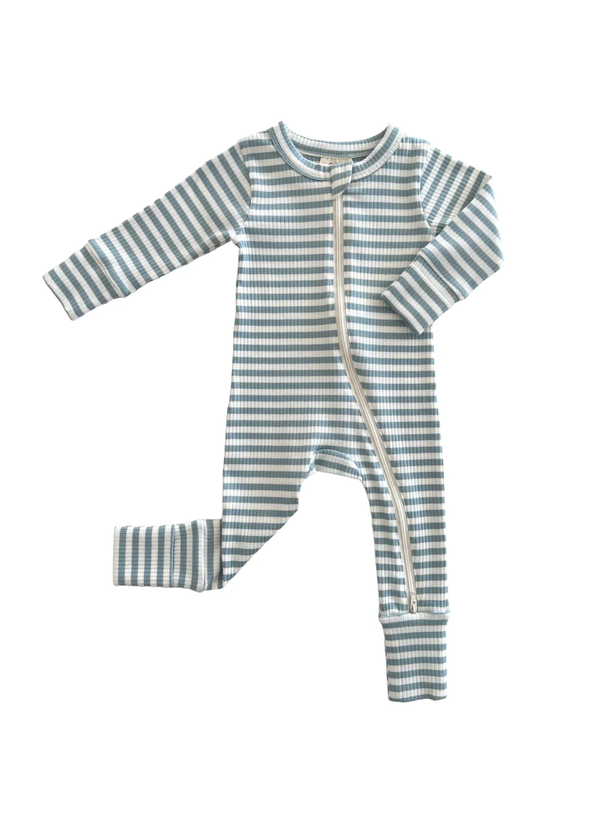 Dusty Blue Stripe / Organic Ribbed 2-Way Zip Romper