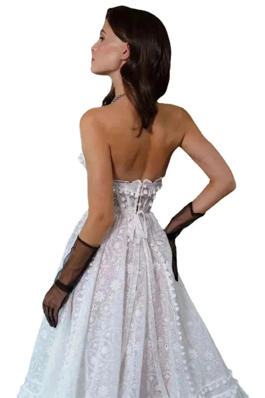 Elegant Women Lace Tube Top Swing Backless Charming White Dress for Party Dinner