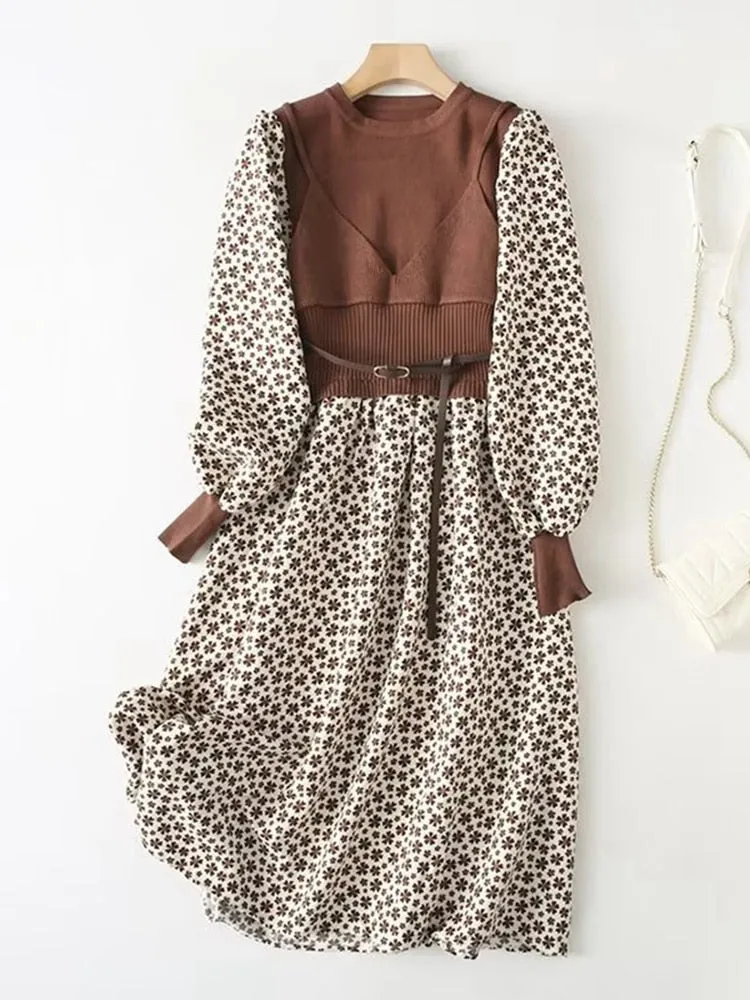 Fall dress with belt- Sweater full-sleeve Dress