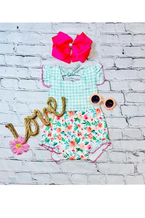 Floral & aqua checker print ruffle baby romper XCH0999-18H