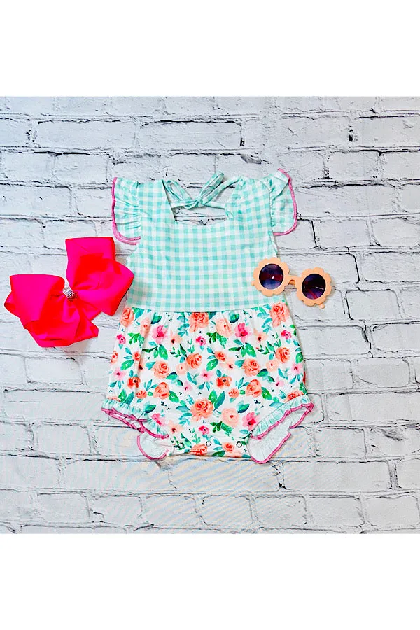 Floral & aqua checker print ruffle baby romper XCH0999-18H