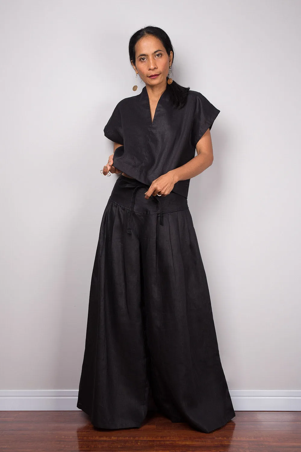 Handmade black linen long wide leg palazzo pants. Black high waist women's summer pants