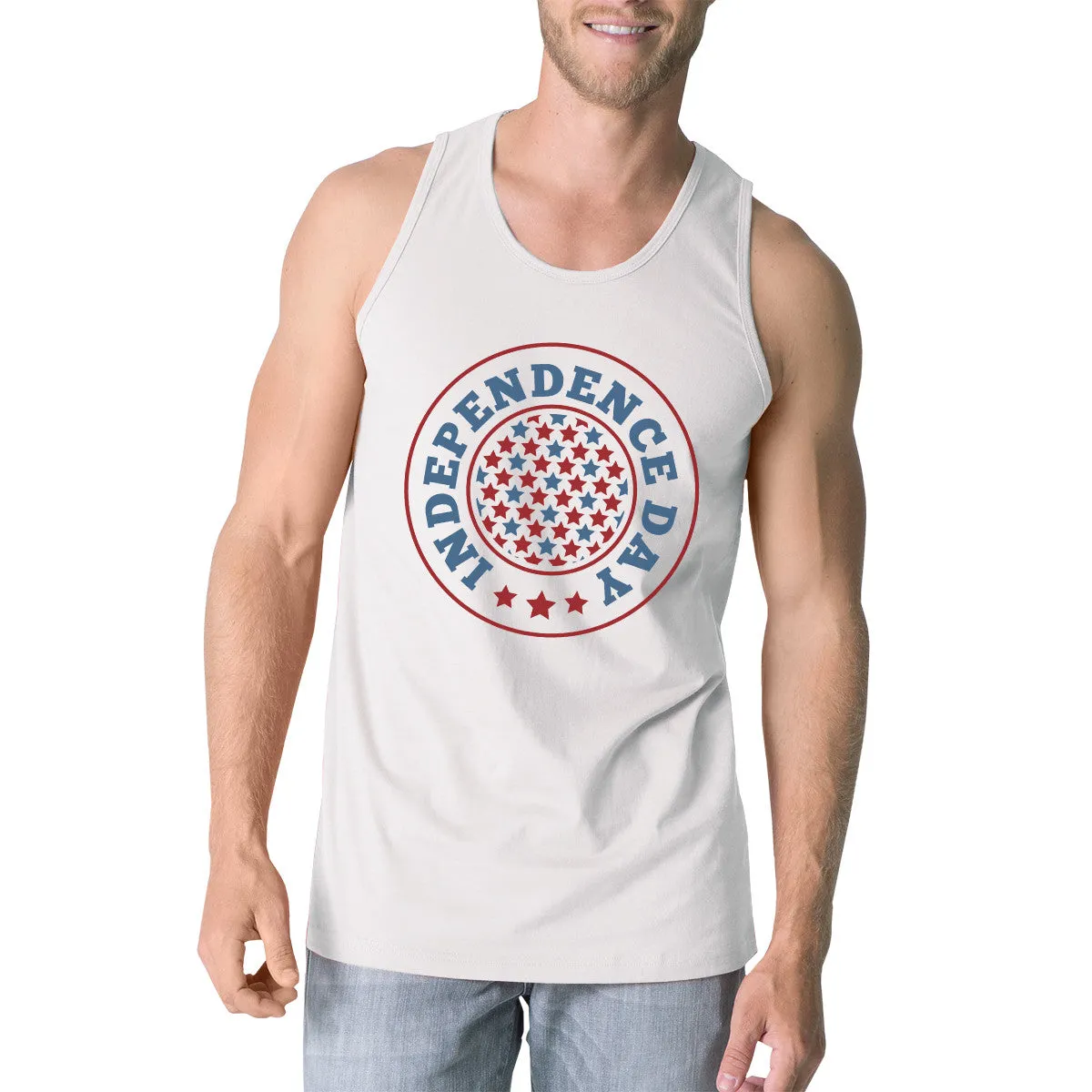 Independence Day Mens White Crewneck Cotton Graphic Tanks For Him