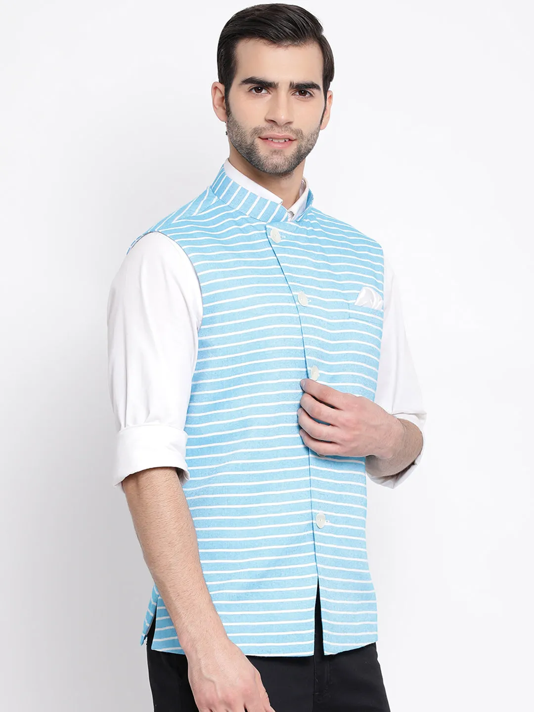 Jashvi Men's Blue Stripes And Angrakha Pattern Classic Nehru Jacket