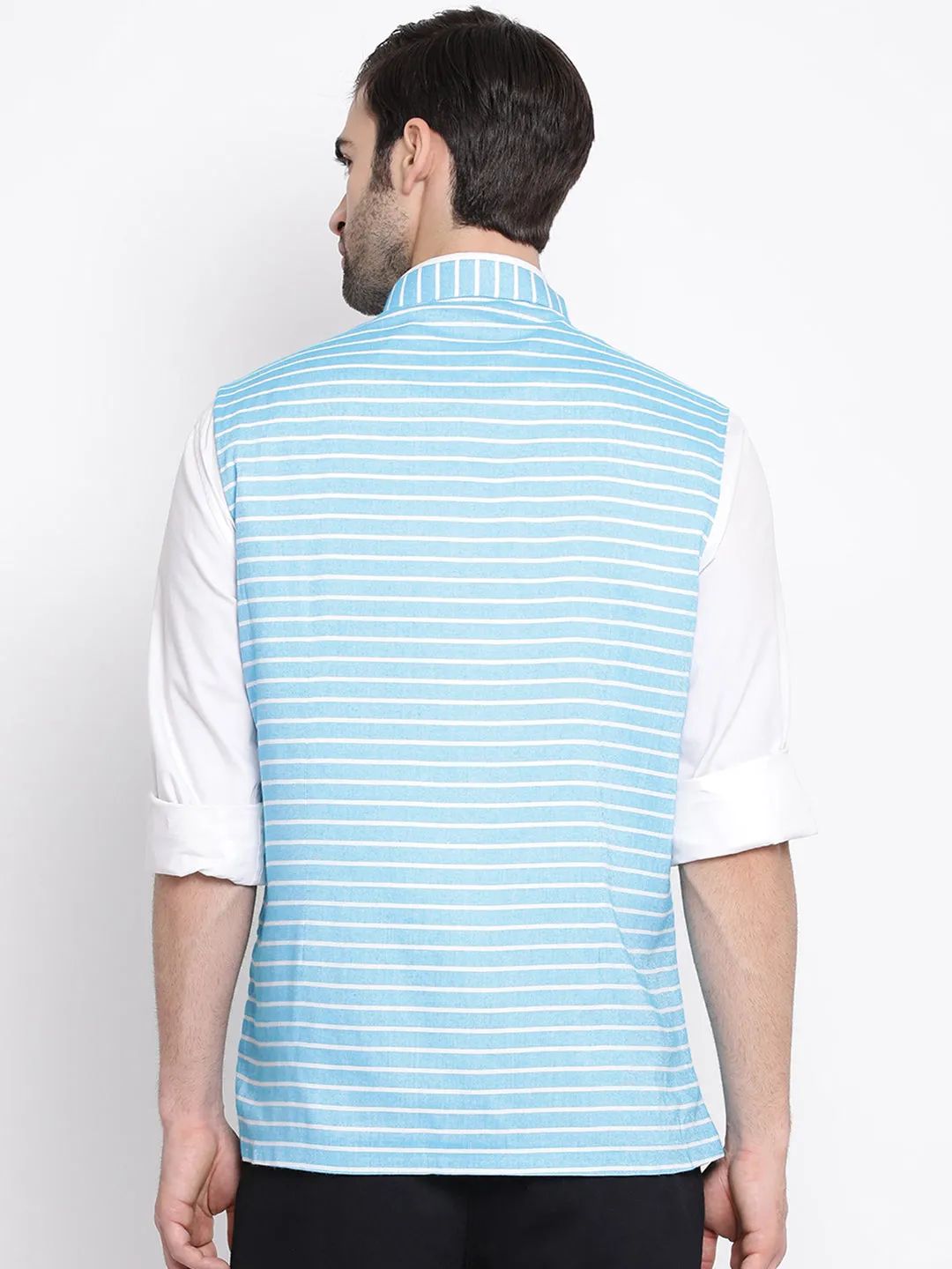 Jashvi Men's Blue Stripes And Angrakha Pattern Classic Nehru Jacket