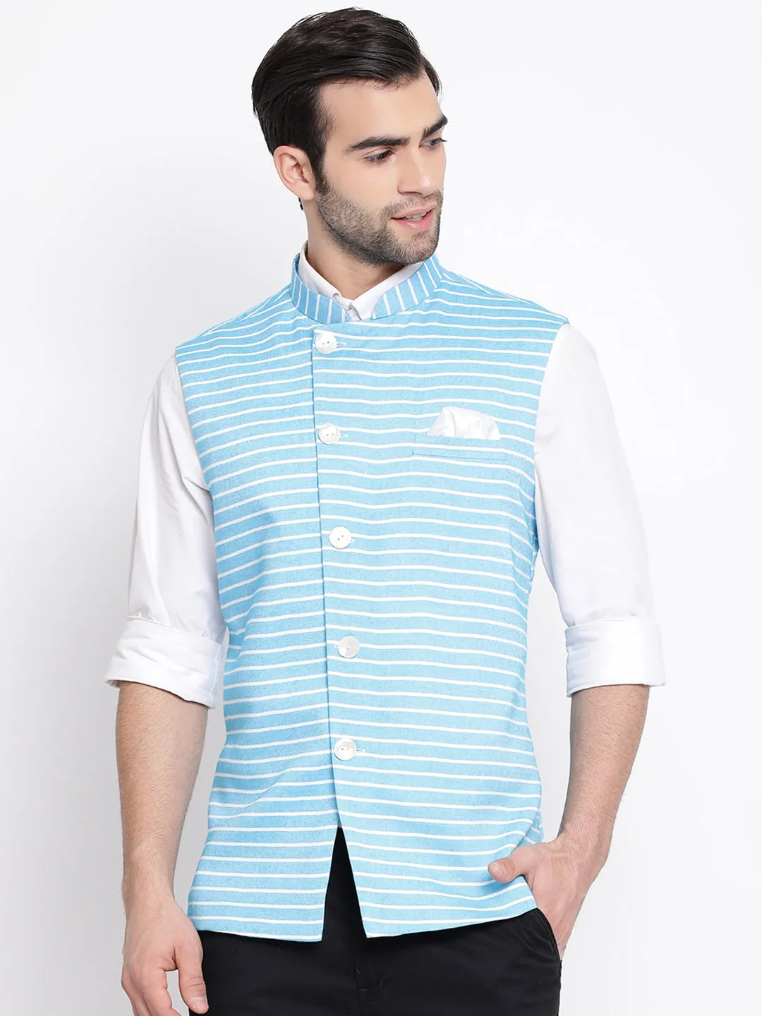 Jashvi Men's Blue Stripes And Angrakha Pattern Classic Nehru Jacket