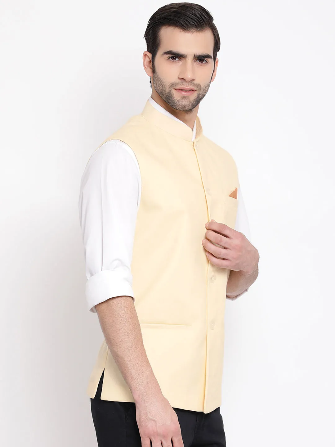 Jashvi Men's Cream Solid Classic Royal Cotton Blend Nehru Jacket