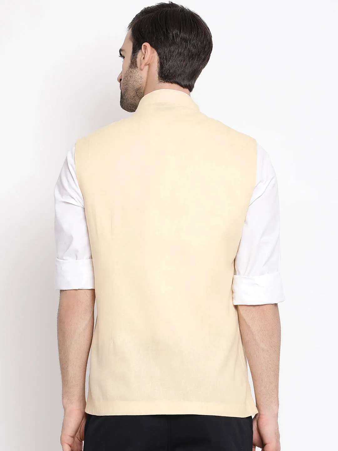 Jashvi Men's Cream Solid Classic Royal Cotton Blend Nehru Jacket