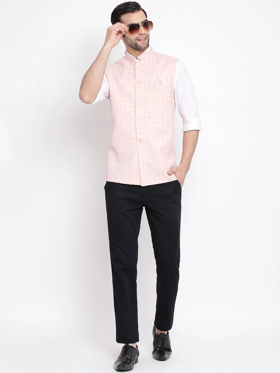 Jashvi Men's Pink Checkered Classic Linen Nehru Jacket