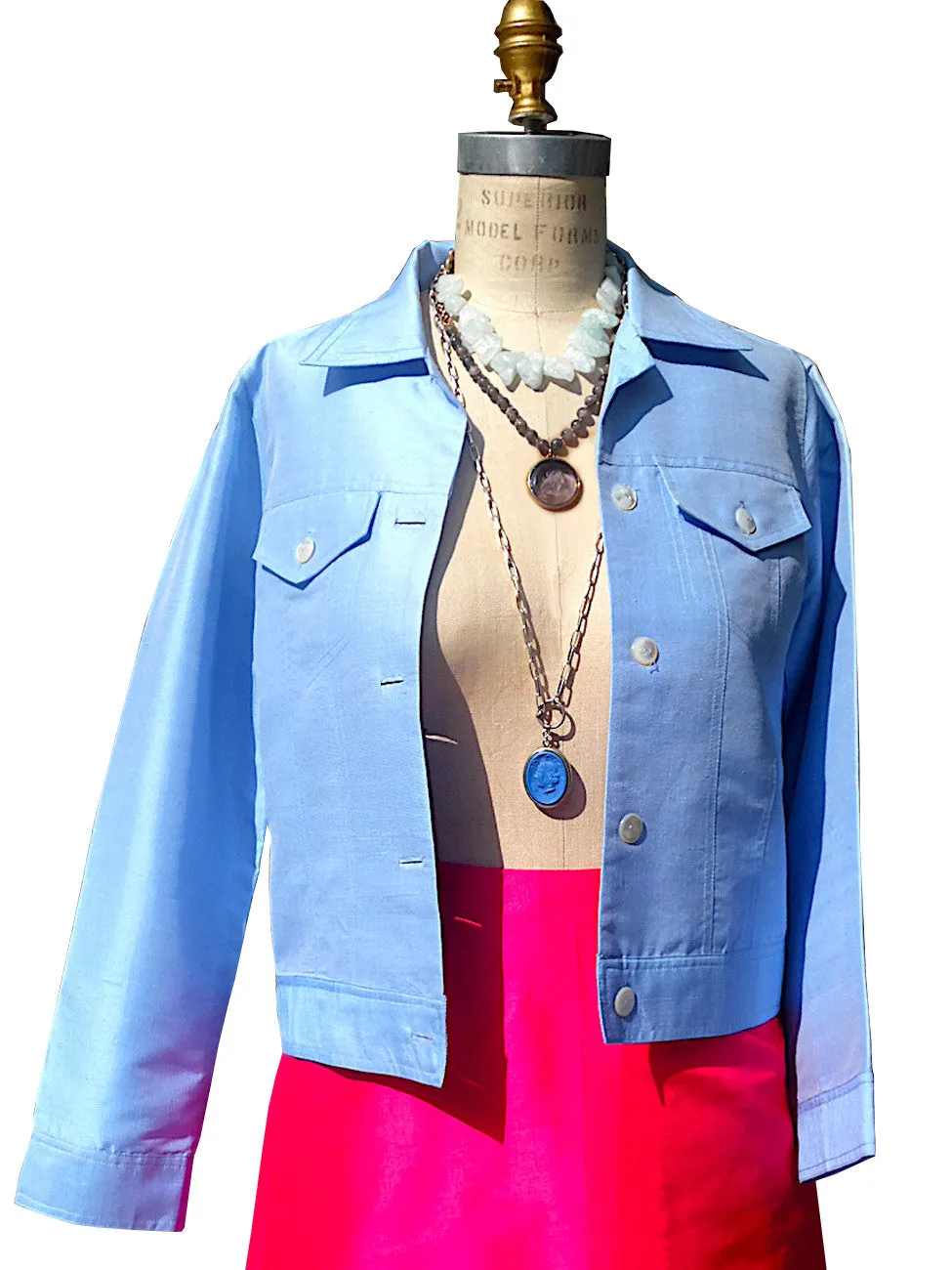 Jean Jacket Thai Silk And Mother Of Pearl Baby Blue Ivory